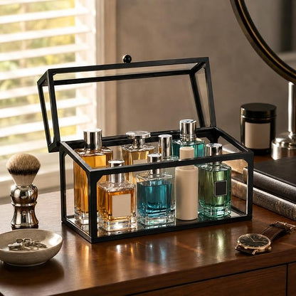 Cologne Organizer for Men, Glass Perfume Organizer Box with Flip Top Lid, Dustproof Perfume Storage Case, Clear Cologne Holder for Vanity, Bathroom Countertop, Watch, Jewelry, Fragrance Display, Black