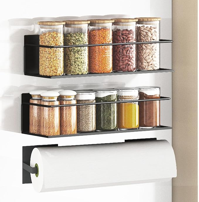 Magnetic Spice Rack For Refrigerator, Space Saving Magnetic Shelf For Fridge Black 2 Pack With Magnetic Paper Towel Holder