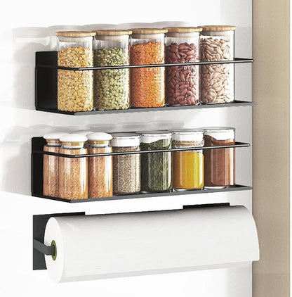 Magnetic Spice Rack For Refrigerator, Space Saving Magnetic Shelf For Fridge Black 2 Pack With Magnetic Paper Towel Holder