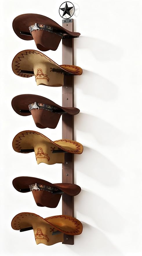Cowboy Hat Rack for Wall – 3-Piece Western Hat Holder, Rustic Wooden & Metal Wall Mounted Cowboy Hat Organizer, Holds up to 6 Hats, Cowboy Room Decor & Storage Display Rack