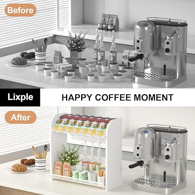Lixple Coffee Pod Organizer for Countertop, Bamboo K Cup Holder, Easy Assembly Coffee Station Organizer for Home Office Coffee Bar, White