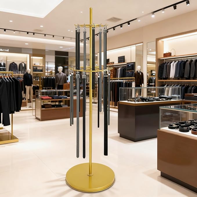 Gold Belt Display Scarf &Ties Rack Stand, 360° Rotation Floor Mounted Belt Hanger, Metal Men Closet Belt Organizer Holder Jewelry Necklaces Purse Hanger Shelf for Clothing Store Retail & Home