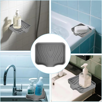 2 Pack Silicone Soap Dish with Drain, Self Draining Bar Soap Holder for Shower, Silicone Dish Soap Tray, Bathroom and Kitchen Sink Organizer, Grey