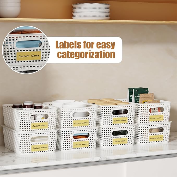 8 Pcs Plastic Storage Baskets with Plastic Lids and Labels 5.29qt Stackable Box Basket Pantry Decorative Containers, Small Storage Bins for Desktop Shelves Drawers Closets Office Cabinets 10*7.2*4.1"