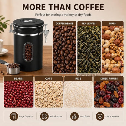 Black Coffee Canister Airtight 22oz Stainless Steel Coffee Bean Storage Container with Date Tracker, Window & One-Way CO2 Valve, Kitchen Coffee Jar for Beans, Ground Coffee, Tea, Sugar, Rice