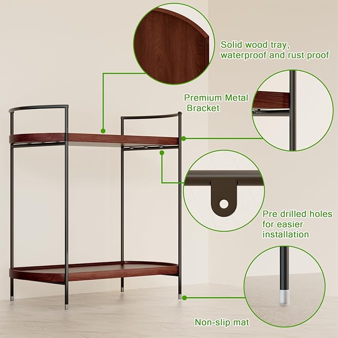 REFGY 2-Tier Bathroom Counter Organizer, Solid Wood-Texture Countertop Storage Shelf for Vanity Decor, Versatile Spice Rack & Coffee Bar Accessories, Non-Slip Makeup Organizer for Bedroom, Brown