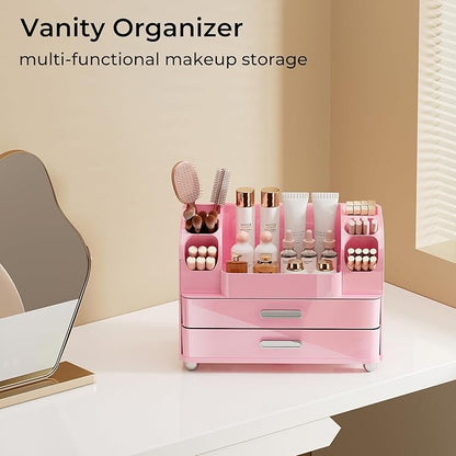 Makeup Organizer for Vanity with 2 Large Drawers, Cosmetic Display Case with Brush Holders, Easy to Storage for Bathroom Countertop Skincare, Desk Office Supplies, All Pink