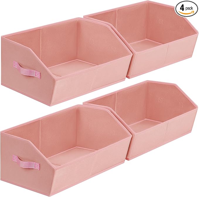 Homsorout Closet Baskets for Shelves Trapezoid - Decorative Storage Baskets with Handle, Closet Bins for Organization, Shelf Storage Bins for Clothes, Books, Home, Office, 4 Pack, Pink