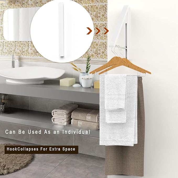 Folding Clothes Hanger Wall Mounted Retractable Clothes Rack, Aluminum, Easy Installation, White