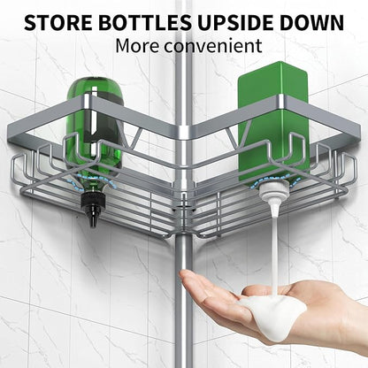 DAOYA Corner Shower Caddy Tension Pole, 4-Tier Rustproof Adjustable Bathroom Organizer for Renters, 25–114.2 Inch for Bathtub Shampoo Storage, Light Gray