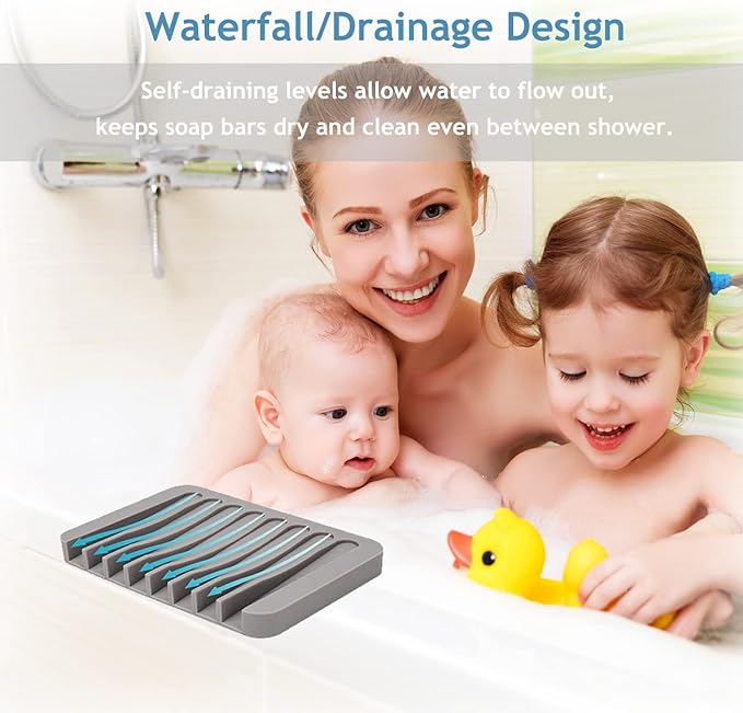 Self Draining Soap Dishes, 3 Pcs Silicone Soap Saver, Waterfall Drainer Soap Holder for Bathroom, Extend Soap Life, Keep Soap Bars Dry Clean & Easy Cleaning (White)