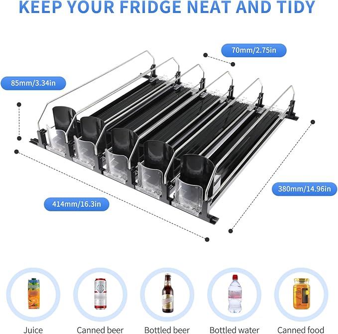 Drink Organizer for Fridge, Soda Can Dispenser for Refrigerator, Automatic Self-Pushing Drink Pusher, Space-Saving Fridge Storage, Holds up to 25-30 Cans, 5 Row