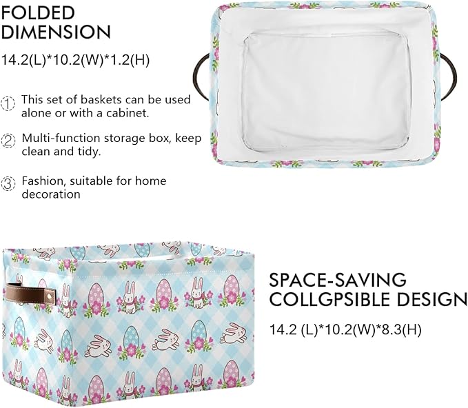 Large Storage Basket Easter Bunnies and Eggs Foldable Storage Box Organizer Bins with Handles for Bedroom Home Office