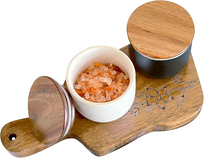 SALT AND PEPPER CELLAR SET WITH ACACIA WOOD LID AND ENGRAVED DECORATIVE HOLDING TRAY - WHITE AND BLACK