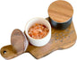 SALT AND PEPPER CELLAR SET WITH ACACIA WOOD LID AND ENGRAVED DECORATIVE HOLDING TRAY - WHITE AND BLACK