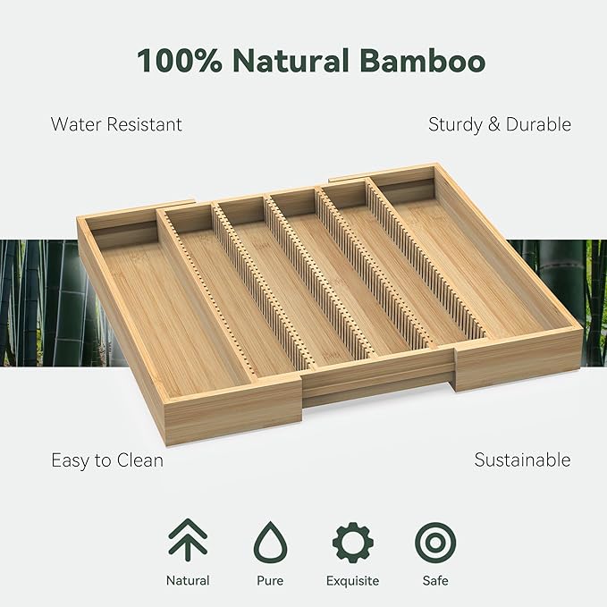 Larger Expandable Bamboo Organizer Holder for Counter Drawer Insert - Compatible with Nespresso Vertuo Capsules - Tea Bags Storage (Natural) 10.8" -19"W x15.67"Dx1.9"H