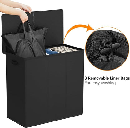 WOWLIVE 180L Laundry Hamper with Lid 3 Section,Large Laundry Basket with Removable Bags and Handles,Collapsible Dirty Clothes Hampers for Laundry,Laundry Basket Organizer for Laundry Room,Dorm,Black