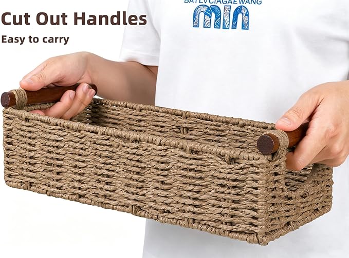 CubesLand Wicker Toilet Storage Basket Tray Organizer W/Cut Out Handle, Slim Decorative Basket for Countertop, Shelves And for Versatile Home Decor, Living Room, Nursery Organization, Neutral