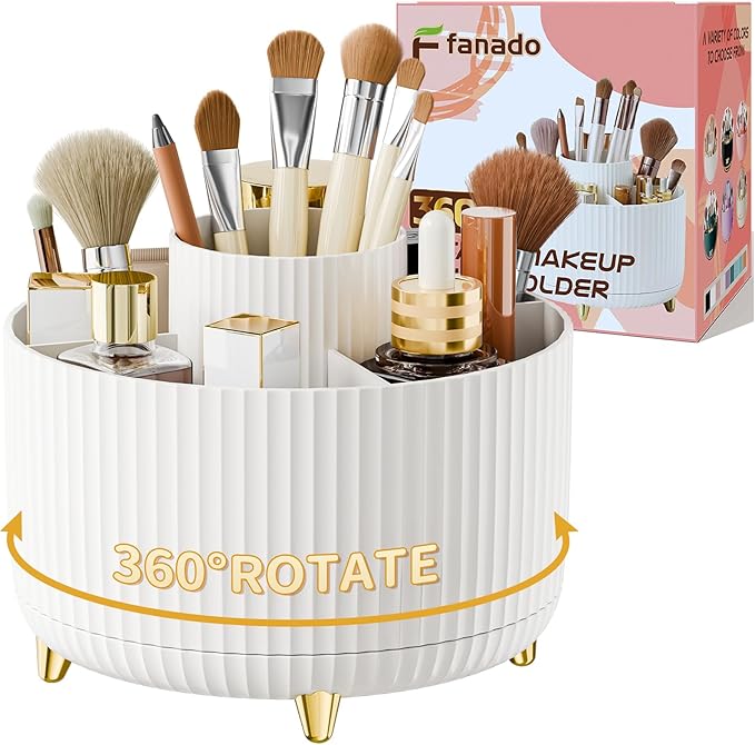 fanado 360° Rotate Makeup Brush Holder Organizer, Makeup Organizers Countertop, Makeup organization and Skincare Storage for Vanity, Desktop, Bathroom (White)