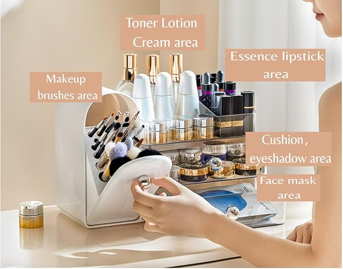Bird&Fish Makeup Organizer with Sliding Brush Holder, Clear Skincare Organizer with Drawers, Bathroom Countertop Organizer, Sturdy Cosmetic Storage Case for Vanity, Dresser (White)