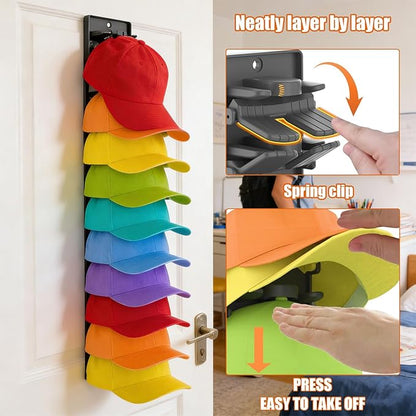 Hat Organizer for Baseball Caps 2 Packs with Built-in Spring Clips, Wall Mount Closet Hat Rack Holder for Up to 20 Hats, Storage Display for Door/Closet with Strong Adhesive & Screws (Matte Black)