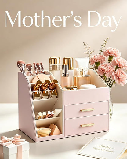 Lolalet Makeup Organizer Countertop with Drawers, Easy to Clean PU Leather Storage Box, 3-Layer Cosmetic Holder for Skincare, Lipstick, Perfume & Brush, Display Case for Vanity Dresser Bathroom -Pink