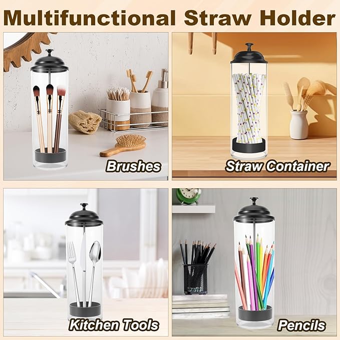 Straw Holder for Counter, Straw Dispenser Organizer for Standard Size Drinking Straws, Acrylic Plastic Straws Container Dispenser Storage for Counter with Lid Black(1 or 2 PACK) (2 Packs)