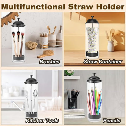 Straw Holder for Counter, Straw Dispenser Organizer for Standard Size Drinking Straws, Acrylic Plastic Straws Container Dispenser Storage for Counter with Lid Black(1 or 2 PACK) (2 Packs)
