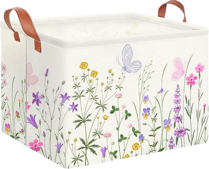 CLOCOR Rectangular Storage Basket Empty,Gift Basket,Waterproof Storage Bin with Handles,Room Decor(Flower)