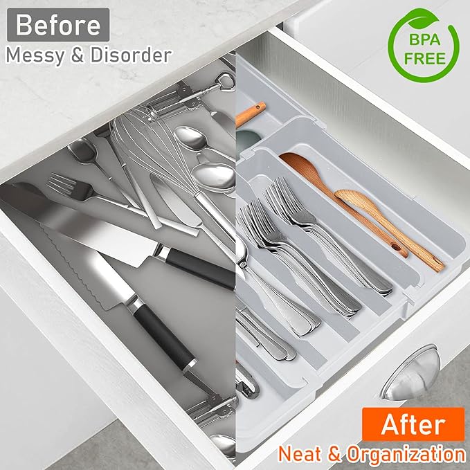 Spaclear Expandable Silverware Drawer Organizer - 7 Compartments BPA-Free Kitchen Utensil Tray, Adjustable 12.6”×9.5" to 19"×15.2", Cutlery Drawer Organizer, Gray