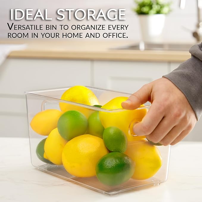 Set of 4 Clear Plastic Storage Bins With Handles, Containers To Organize Pantry, Fridge, Cabinet, Kitchen, Countertop, Closet, Cupboard, Home Organization and Storage