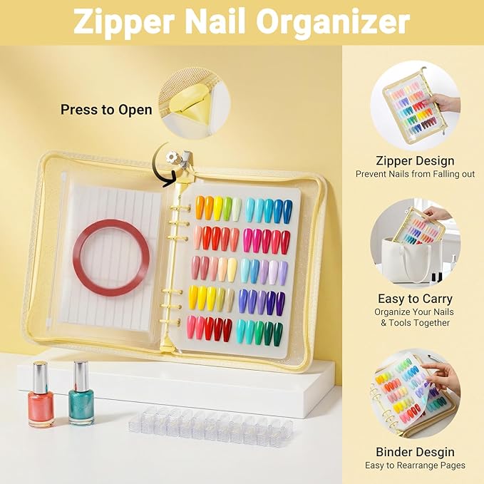 Segbeauty Nail Polish Display Storage with A5 Zipper Binder, Press on Nails Sample Swatches with 240 Fake Nail Tips, Nails Color Sample Book with Adhesive Tape, Manicure Salon Art Accessories, Yellow