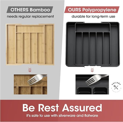 Vallary Expandable Silverware Drawer Organizer – Large BPA-Free Utensil Tray for Kitchen | Adjustable Cutlery Holder for Spoons, Forks, Knives | Plastic Flatware Storage, Black
