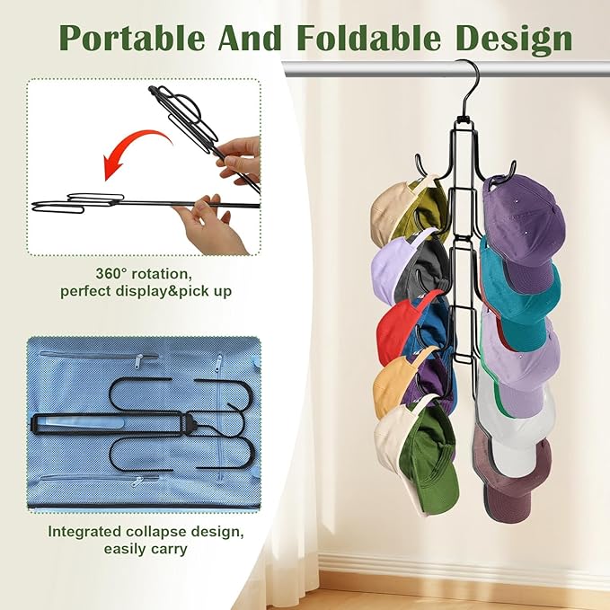 Hat Organizer for Closet, Collapsible Metal Caps Rack with 10 Large Hooks, Holds Up to 40 Baseball Caps, Rotatable Space Saving Hat Hanger for Closet Organizers and Storage, Black