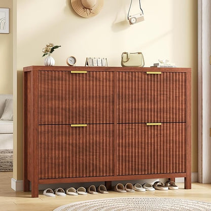 YOMILUVE Shoe Cabinet Storage for Entryway, Fluted Walnut Shoe Cabinet with 4 Flip Drawers, Hidden Shoe Rack Freestanding Wooden Shoe Organizer with Legs for Hallway
