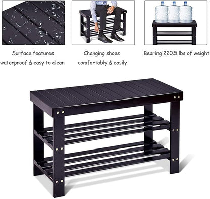 GOFLAME Shoe Bench Rack, 2-Tier Bamboo Seat Storage Shelf, Free Standing Shoe Storage Bench with Stylish and Modern Design, Shoe Organizer for Décor Entryway, Hallway, Living Room, Bathroom (Black)