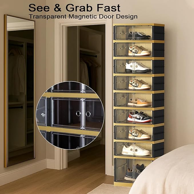 SYNCVIBE Shoe Rack Organizer for Closet Entryway Foldable Sneaker Storage Shoe, Collapsible Shoe Cabinet, Stackable Shoe Storage Cabinet with Lids for Living Room (9 Tiers -18 Pairs Black Gold)
