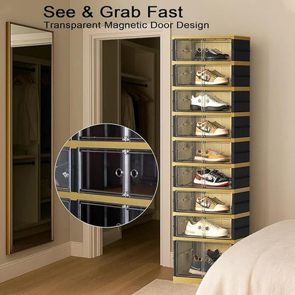SYNCVIBE Shoe Rack Organizer for Closet Entryway Foldable Sneaker Storage Shoe, Collapsible Shoe Cabinet, Stackable Shoe Storage Cabinet with Lids for Living Room (9 Tiers -18 Pairs Black Gold)