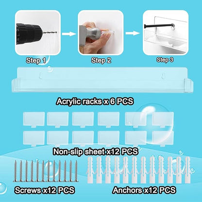 6 Pack Nail Polish Rack, Wall Mounted Organizer Shelf With Removable Anti-slip End Inserts, Clear Acrylic Display Holder for 90 Bottles
