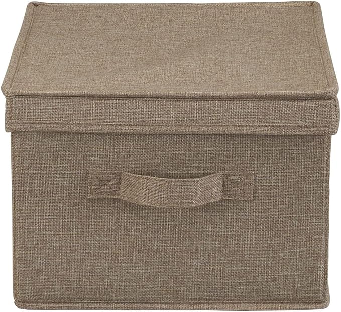 Household Essentials Large Fabric Storage Bins 2 Pack, Soft Poly Linen with Sturdy Sides, Attached Handle and Fully Removable Lid, Brown