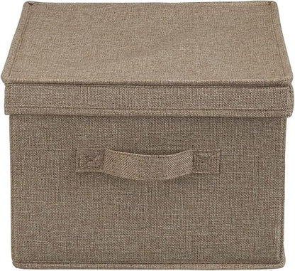 Household Essentials Large Fabric Storage Bins 2 Pack, Soft Poly Linen with Sturdy Sides, Attached Handle and Fully Removable Lid, Brown