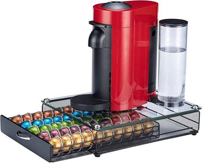 FlagShip for Nespresso Pod Holder Coffee Pod Storage for Vertuo Pod with Crystal Tempered Glass Top(50 Pods Capacity)