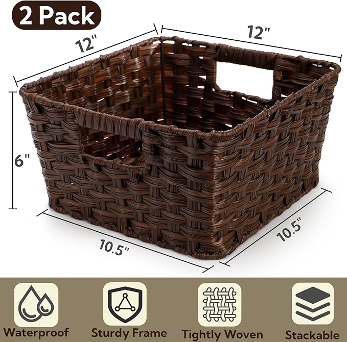 2 Pack Woven Storage Baskets, Large Poly Wicker Organizer Bins for Shelves, Plastic Waterproof Organizing Cube Container, Storage Boxes with Handle for Closet Pantry,12" x 12" x 6"