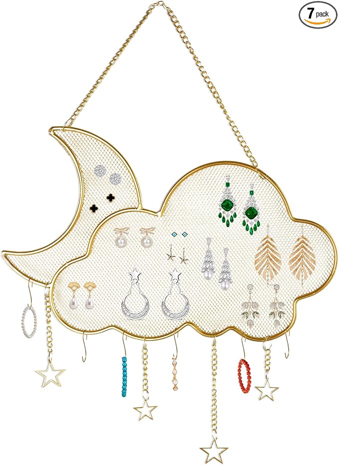 Earring Holder Organizer, Gold Wall Mounted Jewelry Display Stand with 6 Hooks, Metal Hanging Jewelry Rack for Necklace Bracelet Small Grid (Moon Cloud Shape)