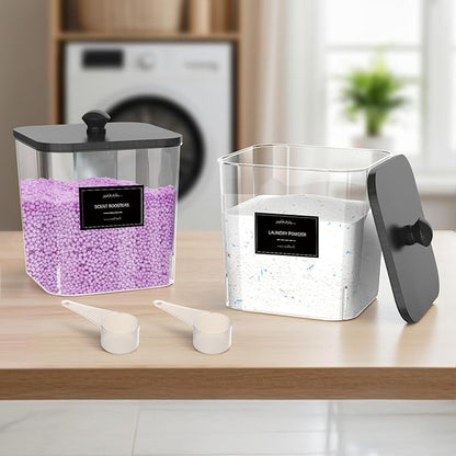 COAZEX 2 Pack Clear Laundry Pods Container, Plastic Square Laundry Room Organization and Storage Jars with Black Lids, Scoops & Labels for Detergent, Powder, Dryer Balls