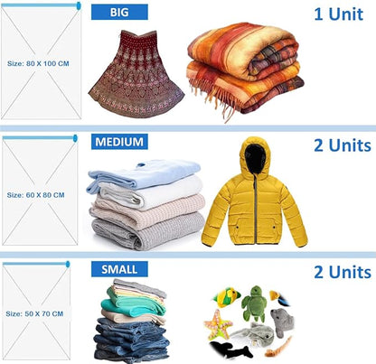 5 Pieces Vaccum Storage Bags With Manual Pump I Airtight and Reusable Space Saver Double Ziplock Compression Bags I Jumbo Size, Large Size, Medium Size
