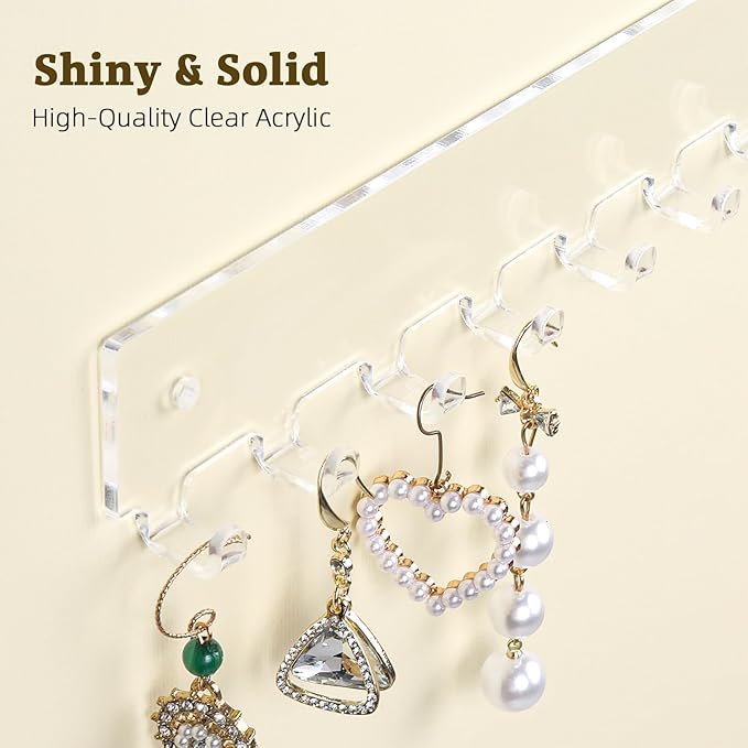 Acrylic Necklace Holder 4 Pack Wall Mounted Necklace Organizer Hanging Jewelry Organizer with 12 Hooks for Necklaces, Bracelets, Rings and Bangles Display