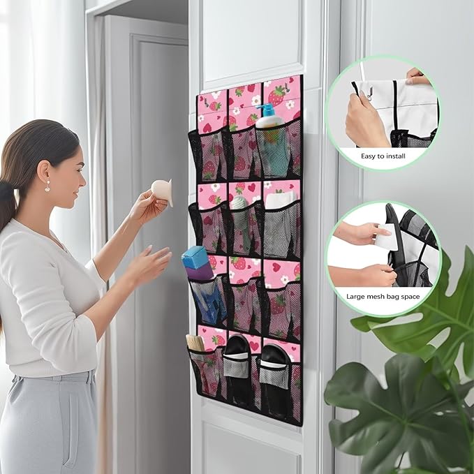 Strawberries Over The Door Shoe Organizer 12 Pockets Wall Hanging Storage Pink Over The Door Closet Organizer Large Capacity Shoe Holder Hanger for School
