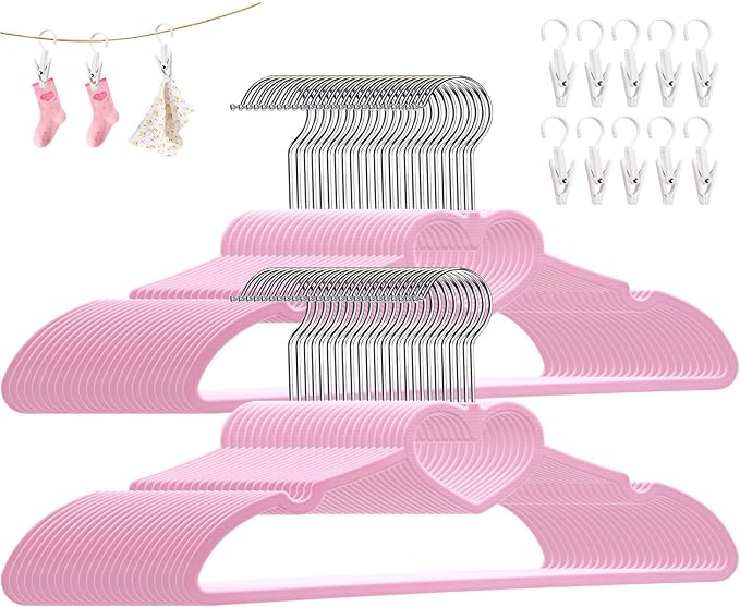 Plastic Hangers 80 Pack, Pink Clothes Hanger with 10 Clips- Ultra Thin Space Saving with 360 Degree Swivel Hook -Strong Adult for Dress,Shirt,Coats