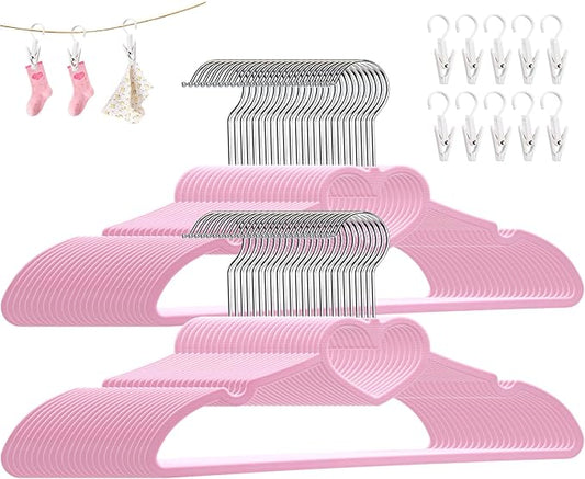 Plastic Hangers 80 Pack, Pink Clothes Hanger with 10 Clips- Ultra Thin Space Saving with 360 Degree Swivel Hook -Strong Adult for Dress,Shirt,Coats